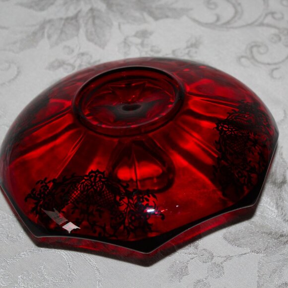 Gorgeous Ruby Silver Overlay Candy Dish | Heart-Shaped Handle | Octagonal - Picture 5 of 6